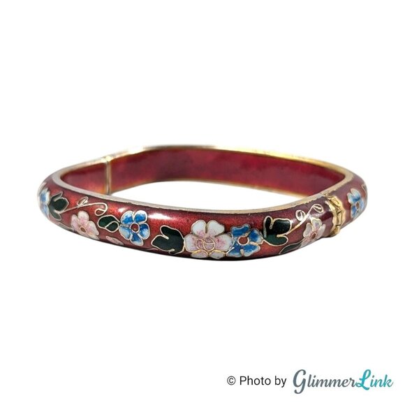 Vintage Square Floral Enamel Cloisonne Hinged Bangle Bracelet - Picture 1 of 11